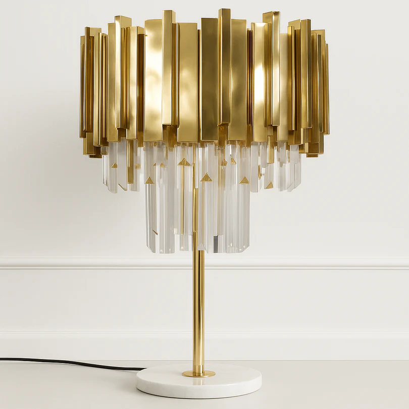 Veioză decorativă 3315/3350 aurie cu cristale K9 și bază din marmură, stil modern [2]