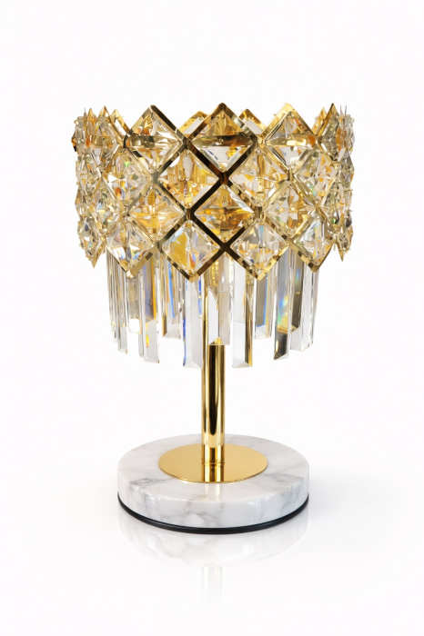 Veioză decorativă 88158 cu cristal K9, finisaj auriu și bază din marmură albă, 30 cm [2]