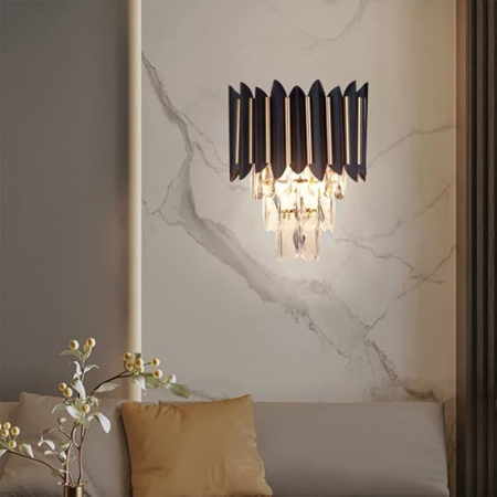 Aplica de perete 3302, structură metalică negru și auriu cu pandantive din sticlă cristal, E14