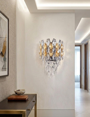 APLICE SI PLAFONIERE - Aplică perete 8805 cu cristale K9 amber și transparente finisaj auriu și crom