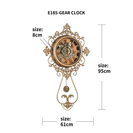 Ceas de perete E185-GEAR CLOCK metal auriu cu mecanism vizibil și pendul, 95 cm [1]