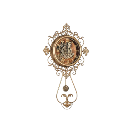 CEASURI - Ceas de perete E185-GEAR CLOCK metal auriu cu mecanism vizibil și pendul, 95 cm