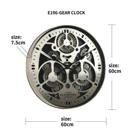 Ceas de perete E196 Gear Clock, metal argintiu cu sticlă, mecanism rotativ decorativ, Ø60 cm [1]