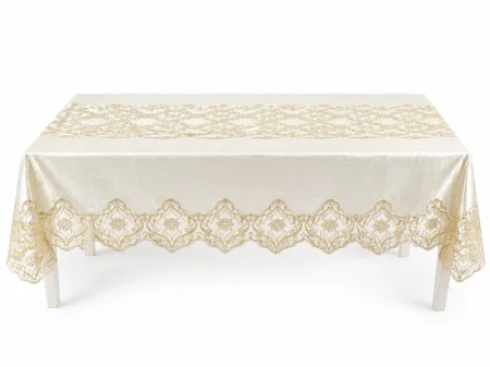 DECORATIUNI - Față de masă ivory 1606 cu tul și broderie macrame florală aurie 150x220 cm