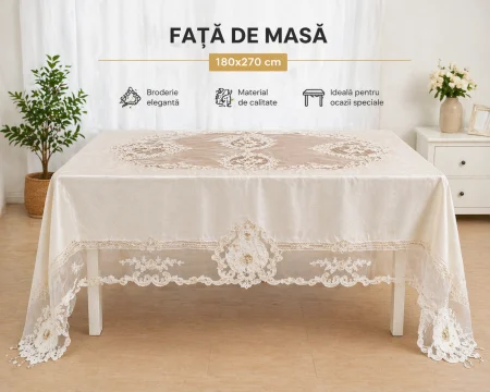 DECORATIUNI - Față de masă catifea crem 7788 cu dantelă florală și cristale tip lacrimă 180x270 cm