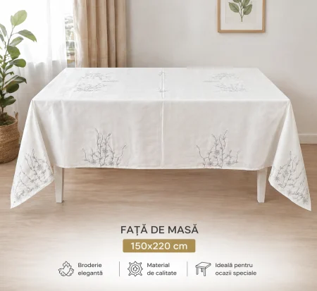 DECORATIUNI - Față de masă albă 9078 cu broderie florală gri-argintiu în relief 150x220 cm