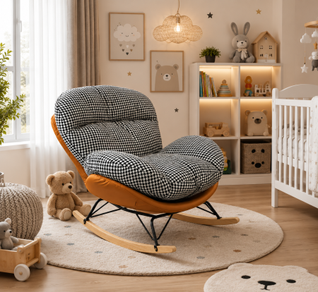 MOBILIER - Fotoliu Balansoar D06 cu Tapițerie Pied-de-Poule Alb-Negru și Exterior Maro Camel