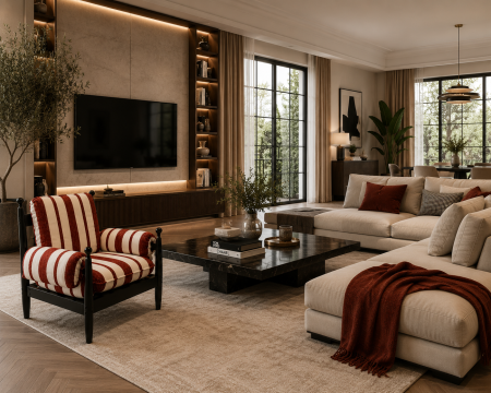 MOBILIER - Fotoliu Retro Modern din Lemn Masiv Negru cu Tapițerie în Dungi Roșu Cărămiziu și Crem