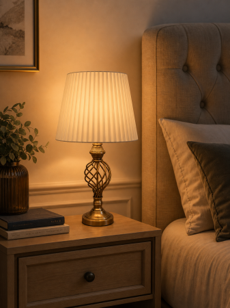VEIOZE SI LAMPADARE - Lampă de masă 6521 crem/bronz elegantă, abajur plisat textil, 72 cm, E27