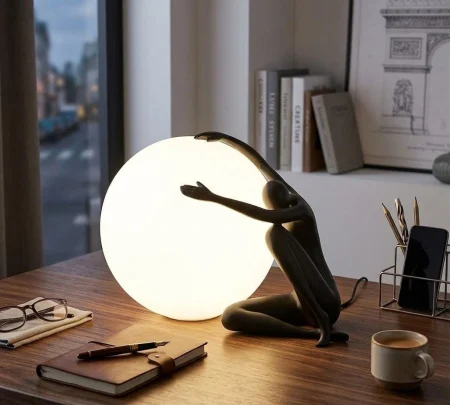 Veioze și lampadare - Lampă de masă T1256 cu siluetă albă sau neagră și glob luminos din acril alb mat