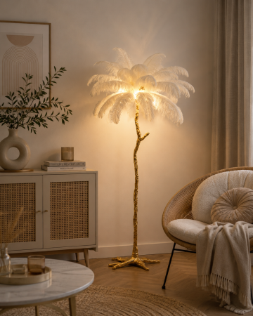 VEIOZE SI LAMPADARE - Lampadar decorativ 1096 F cu pene naturale auriu alb