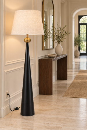 Veioze și lampadare - Lampadar 8443 din metal negru cu ornament auriu și abajur bej texturat