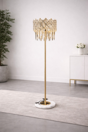 VEIOZE SI LAMPADARE - Lampadar 88158 metal auriu cu cristale K9 tip cascadă, bază marmură albă, H150 cm