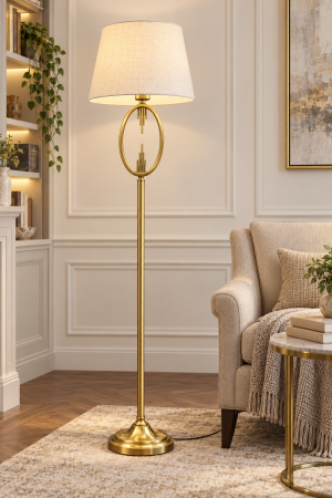 Veioze și lampadare - Lampadar 9101 metalic auriu cu ornament oval și abajur crem