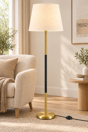 Veioze și lampadare - Lampadar 9426 din metal negru-auriu cu abajur bej de 40 cm
