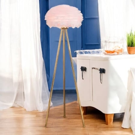 VEIOZE SI LAMPADARE - Lampadar FL19287 cu abajur din pene albe, tripod auriu, Ø40 cm