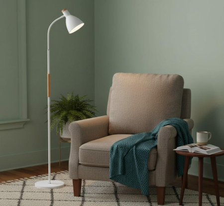 VEIOZE SI LAMPADARE - Lampadar scandinav A 3768 din metal și lemn, alb / negru, abajur orientabil, 145 cm
