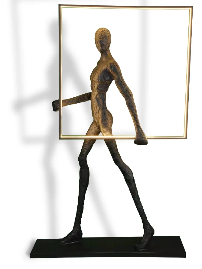 VEIOZE SI LAMPADARE - Lampadar sculptural F9105, figură umană din rășină neagră cu cadru LED pătrat, H 180 cm