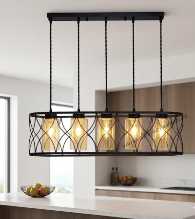 LUSTRE - Lustra 2337/5 negru mat cu 5 abajururi sticla ambra