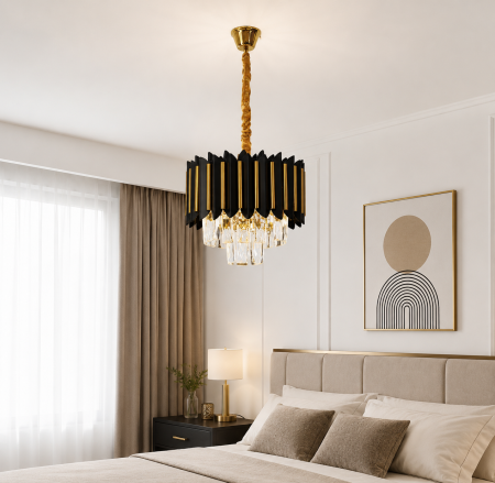 LUSTRE - Lustră 3302/250 negru și auriu, cu cristale K9 , 25 cm, E27