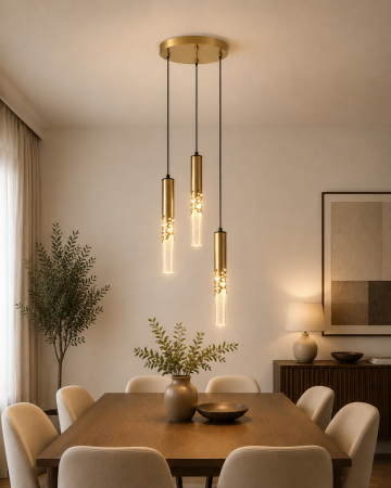 LUSTRE - Lustră 5003/3 cu LED integrat, 3 pendule aurii și sticlă semitransparentă