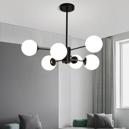 LUSTRE - Lustră 9208/3+3 din metal negru cu globuri din sticlă alb mat – design modern, 6 surse de lumină E27