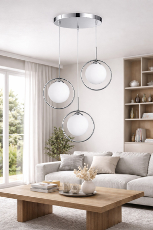 LUSTRE - Lustră 1122/3 crom lucios cu globuri alb mat design modern cu cercuri