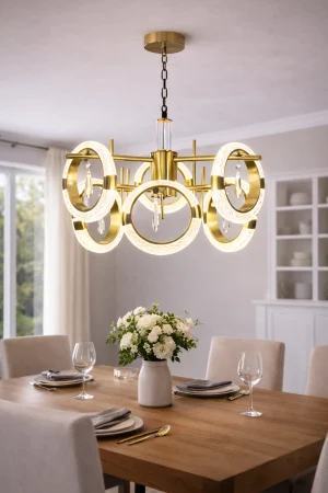 LUSTRE - Lustră LED 210501/3+3 Auriu Lucios, 6 Inele Acrilice cu Cristale, 60W, Reglabilă 100 cm, 3 Tipuri de Lumină