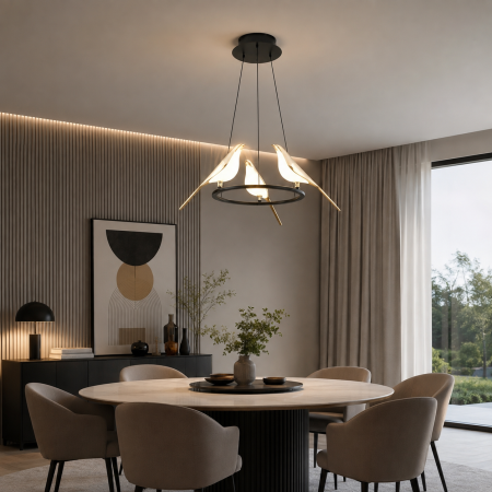 Lustre - Lustră LED 3002/3D Metal Negru Rotundă cu 3 Păsări Decorative 30W Ø35 cm