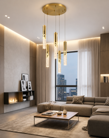 LUSTRE - Lustră LED 5003/5 – 5 pendule din sticlă, cadru auriu, lumină reglabilă pentru living, dormitor și dining