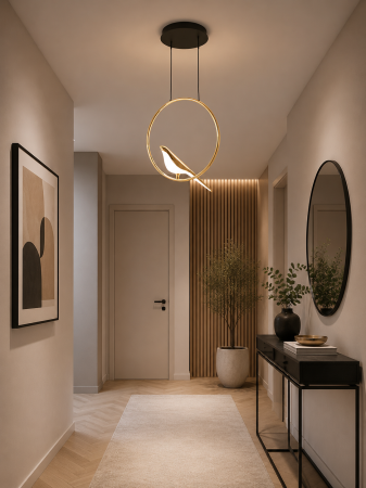 Lustre - Lustră LED Suspendată 3002/1D Metal Auriu Rotundă cu Pasăre Decorativă 10W Ø35 cm