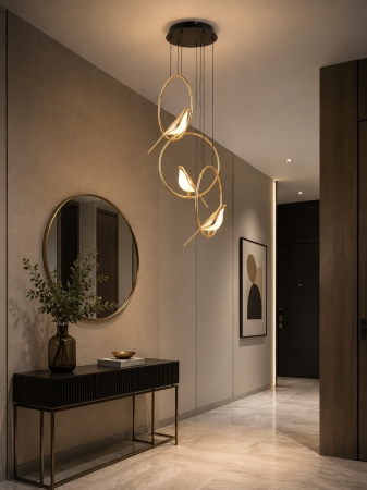 Lustre - Lustră LED Suspendată 3002/3H Metal Auriu cu 3 Pendule și Păsări Decorative