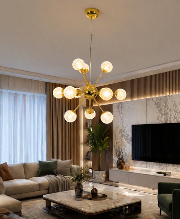 REDUCERI - Lustră modernă LED 12 surse 222/12, design sferic, acril semitransparent, auriu/crom, 60W, reglabilă 3000-6000K