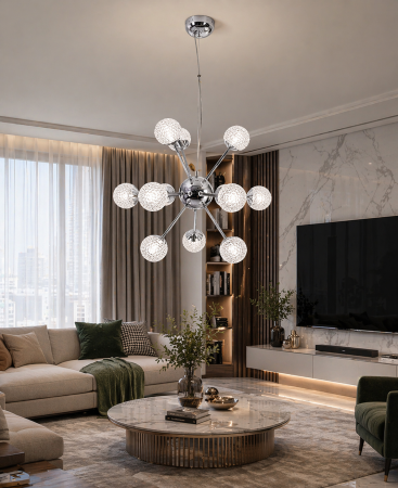 Reduceri - Lustră modernă LED 12 surse 222/12, design sferic, acril semitransparent, auriu/crom, 60W, reglabilă 3000-6000K