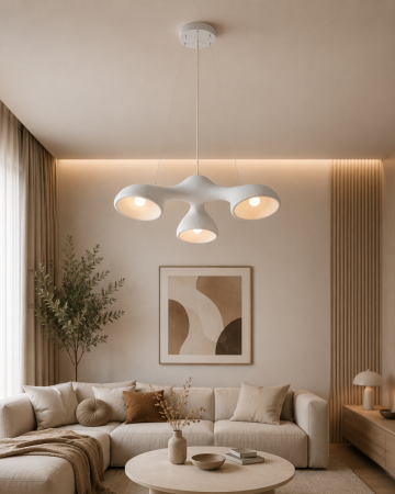 Lustre - Lustră Suspendată 6601/3 din Fibră de Sticlă Albă cu Design Organic și Textură Tip Ciment Ø70 cm