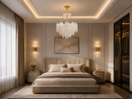 Lustre - Lustră Suspendată 9104 cu Frunze Decorative din Sticlă și Structură Aurie