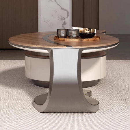 Masă de cafea model A003, set două piese, blat lemn maro-bej cu picior metalic argintiu [2]