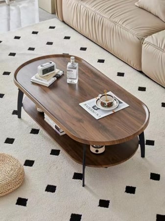 MOBILIER - Măsuță de cafea ovală YM110 – lemn maro și picioare metalice negre, cu poliță inferioară