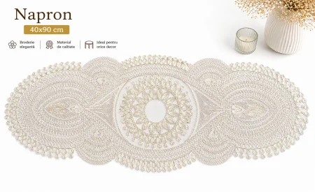 DECORATIUNI - Napron masă 2207 decor brodat premium auriu argintiu 40x90 cm elegant