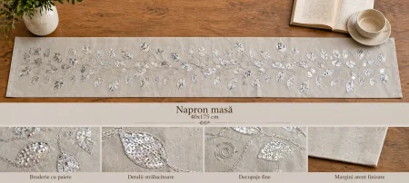 DECORATIUNI - Napron masă 8108 gri deschis cu broderie paiete model vegetal 40x175 cm elegant