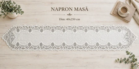 DECORATIUNI - Napron masă JK 23-8 catifea albă cu dantelă brodată florală 40x250 cm elegant