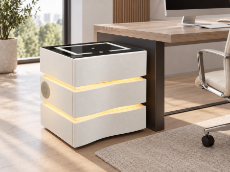 Noptiere - Noptieră ZN 02 albă cu 3 sertare, încărcare wireless și difuzor Bluetooth
