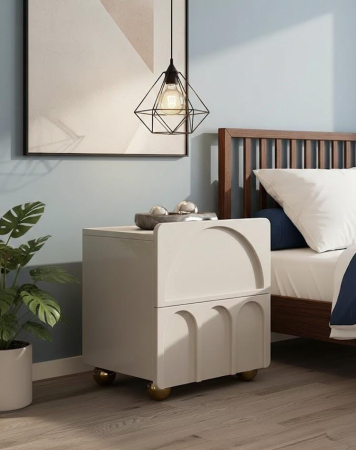 MOBILIER - Noptieră MGG 483552 MDF alb mat, design curbat cu sertare arcuite și picioare sferice aurii, 50 cm înălțime