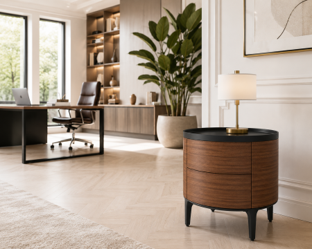 Noptiere - Noptieră Model 2055 din MDF finisaj nuc cu 2 sertare Push-to-Open, blat negru mat și design cilindric