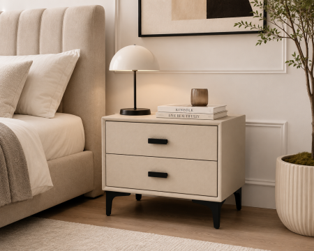Noptiere - Noptieră Model 63 din MDF îmbrăcată în piele ecologică bej cu 2 sertare Soft Close și picioare metalice negre