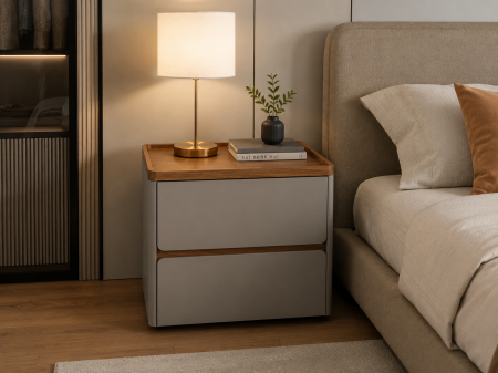 Noptiere - Noptieră Model 77 Gri Mat cu Blat Nuc și 2 Sertare Soft Close