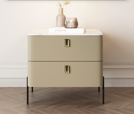 MOBILIER - Noptieră modernă 122 cu 2 sertare și blat tip marmură, crem, 50×40×50 cm