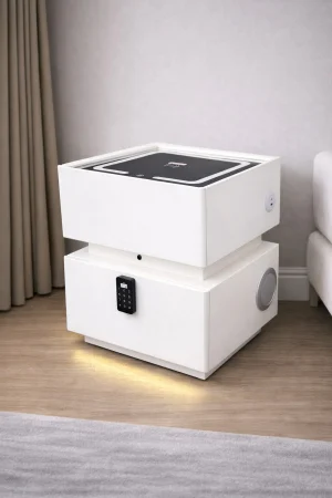 MOBILIER - Noptieră smart dormitor 303 din MDF și piele ecologică, cu seif digital, încărcare wireless și iluminare LED – 46×41×51 cm