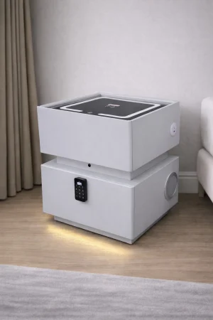 MOBILIER - Noptieră smart dormitor 303 din MDF și piele ecologică, cu seif digital, încărcare wireless și iluminare LED – 46×41×51 cm