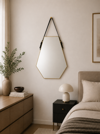 OGLINZI - Oglindă hexagonală HB81-66, metal aurie cu curea neagră, 66×49 cm